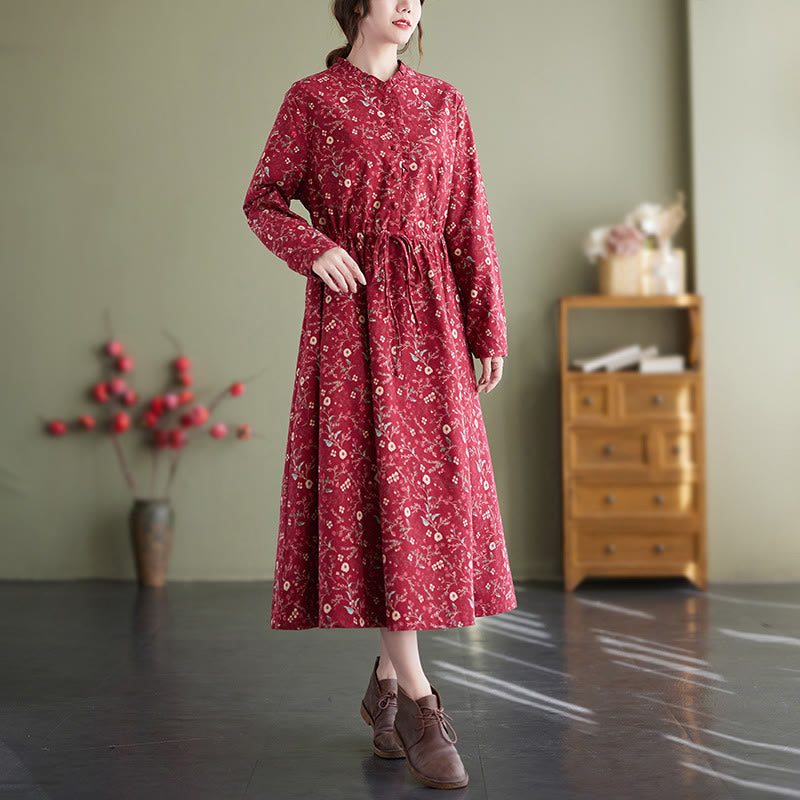 Buddha Stones Ethnic Printing Drawstring Long Sleeve Cotton Linen Midi Dress With Pockets - image 9