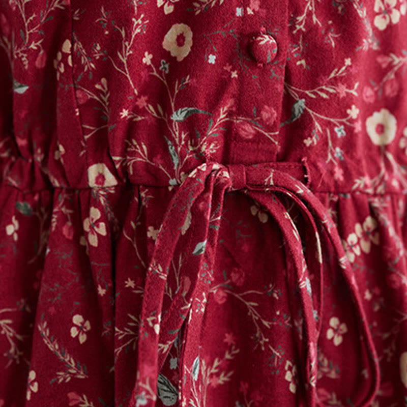 Buddha Stones Ethnic Printing Drawstring Long Sleeve Cotton Linen Midi Dress With Pockets - image 15