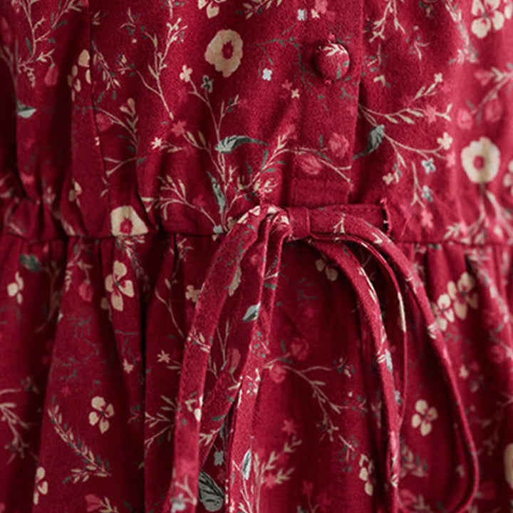 Buddha Stones Ethnic Printing Drawstring Long Sleeve Cotton Linen Midi Dress With Pockets - image 15