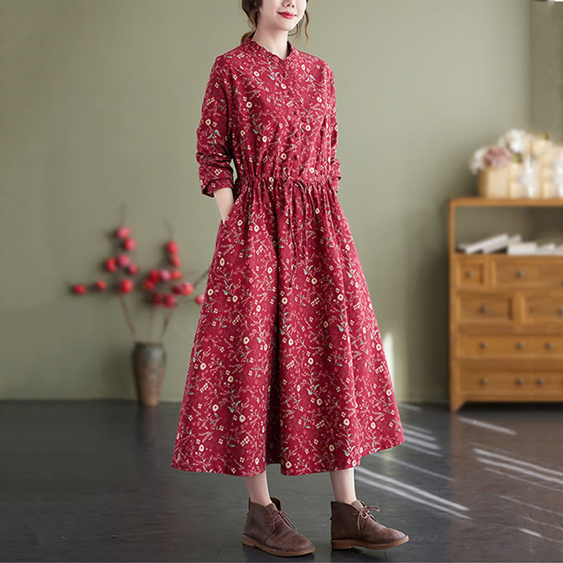 Buddha Stones Ethnic Printing Drawstring Long Sleeve Cotton Linen Midi Dress With Pockets - image 8