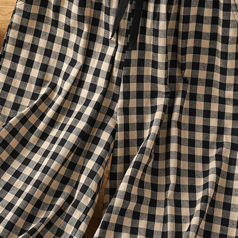 Buddha Stones Casual Cotton Stitching Grid Women's 7-8 Length Wide Leg Pants With Pockets - image 5