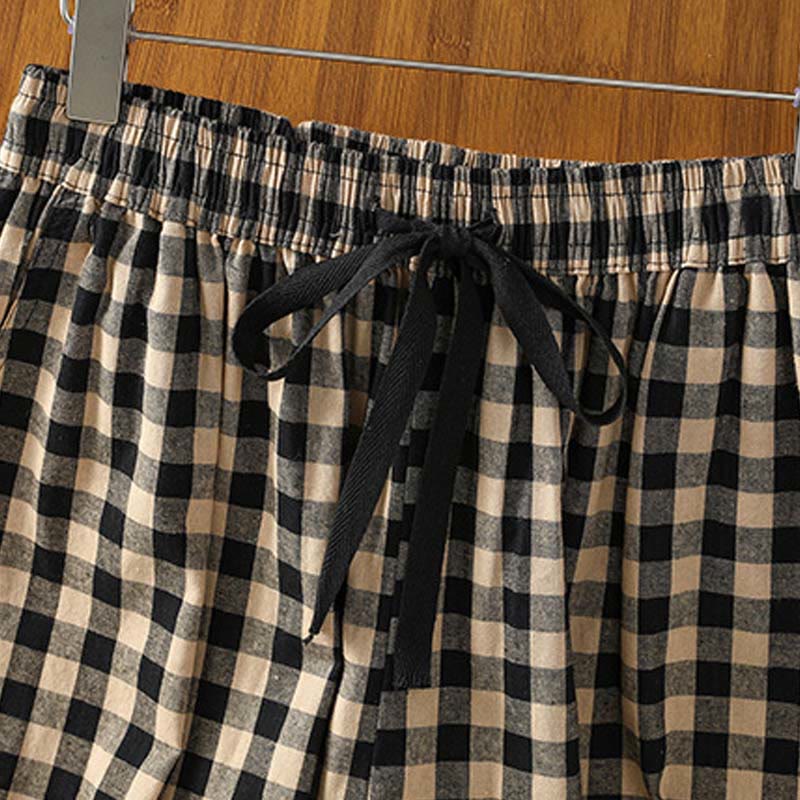 Buddha Stones Casual Cotton Stitching Grid Women's 7-8 Length Wide Leg Pants With Pockets - image 3