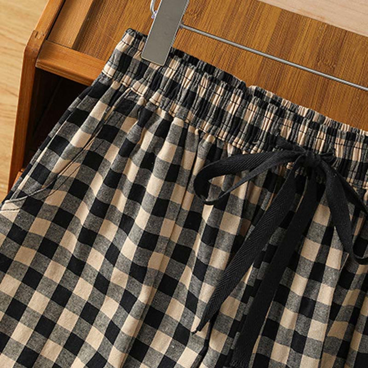 Buddha Stones Casual Cotton Stitching Grid Women's 7-8 Length Wide Leg Pants With Pockets - image 8