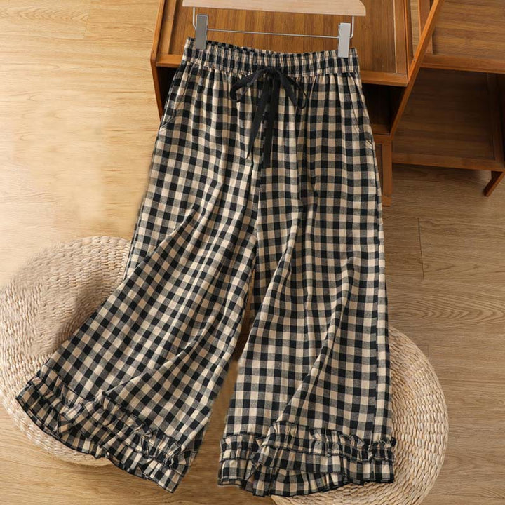 Buddha Stones Casual Cotton Stitching Grid Women's 7-8 Length Wide Leg Pants With Pockets - image 2