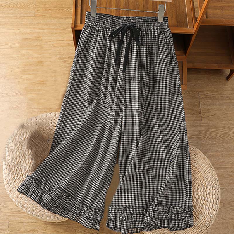 Buddha Stones Casual Cotton Stitching Grid Women's 7-8 Length Wide Leg Pants With Pockets - DimGray - US6,UK/AU10,EU38 (XL) - image 9