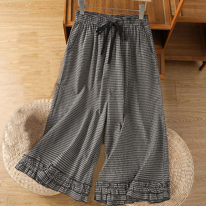 Buddha Stones Casual Cotton Stitching Grid Women's 7-8 Length Wide Leg Pants With Pockets - DimGray - US6,UK/AU10,EU38 (XL) - image 9