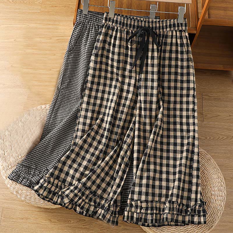 Buddha Stones Casual Cotton Stitching Grid Women's 7-8 Length Wide Leg Pants With Pockets - image 16