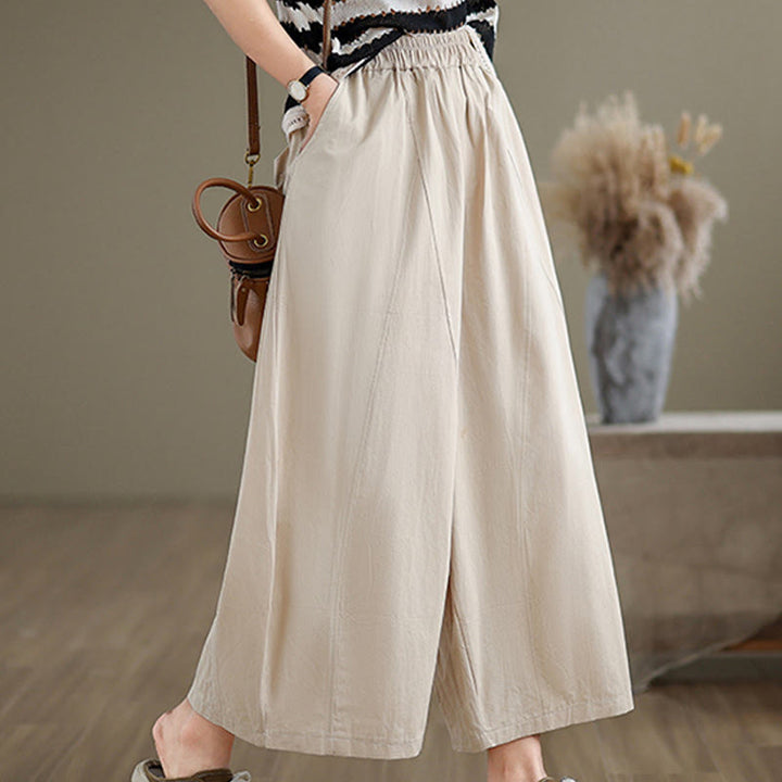 Buddha Stones Casual Plain Cotton Women's 7-8 Length Wide Leg Pants With Pockets - Beige - US8-10,UK/AU12-14,EU40-42 (2XL) - image 1