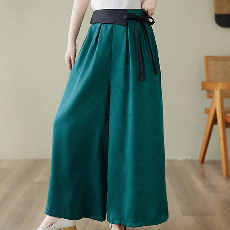 Buddha Stones Casual Jacquard Lace-up Cotton Women's Wide Leg Pants With Pockets - DarkCyan - US8-10,UK/AU12-14,EU40-42 (2XL) - image 1
