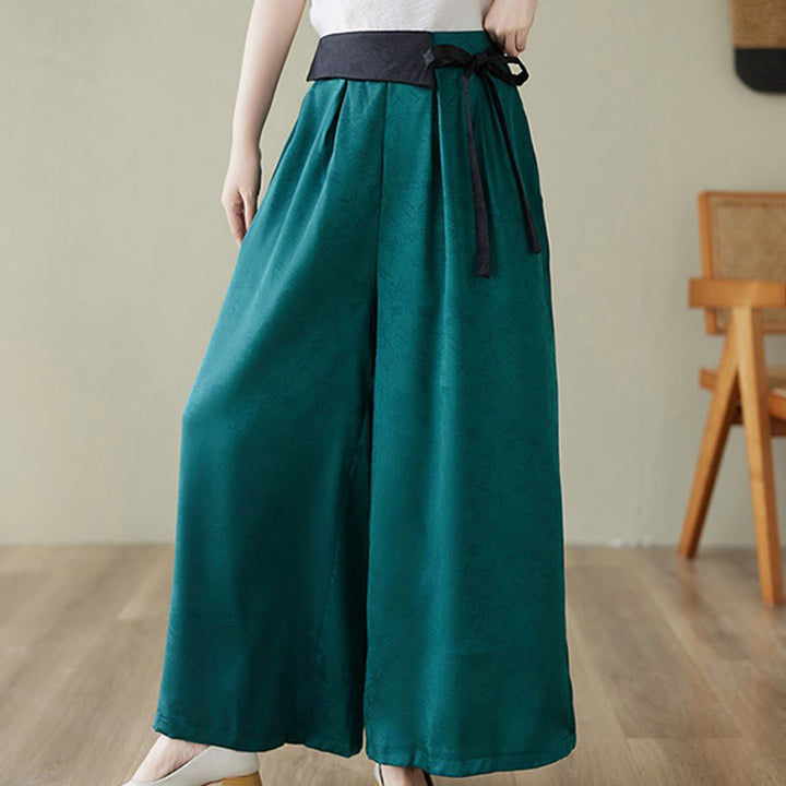 Buddha Stones Casual Jacquard Lace-up Cotton Women's Wide Leg Pants With Pockets - DarkCyan - US8-10,UK/AU12-14,EU40-42 (2XL) - image 1