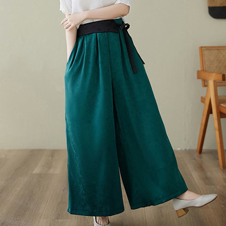 Buddha Stones Casual Jacquard Lace-up Cotton Women's Wide Leg Pants With Pockets - image 7