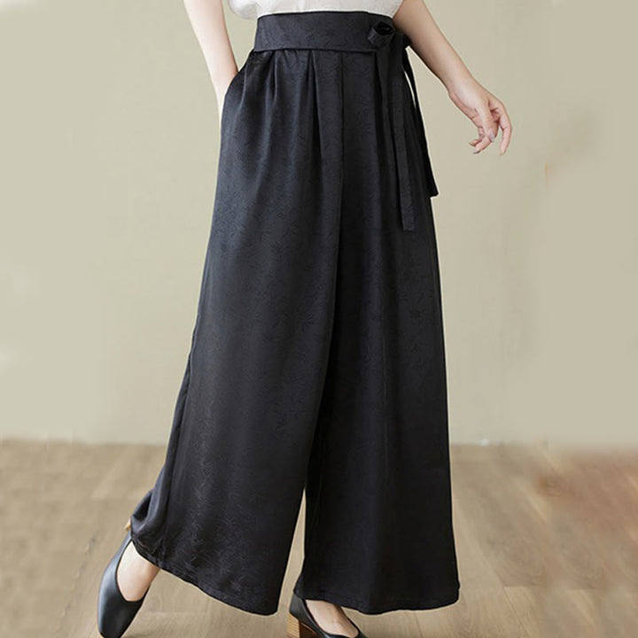 Buddha Stones Casual Jacquard Lace-up Cotton Women's Wide Leg Pants With Pockets - image 13