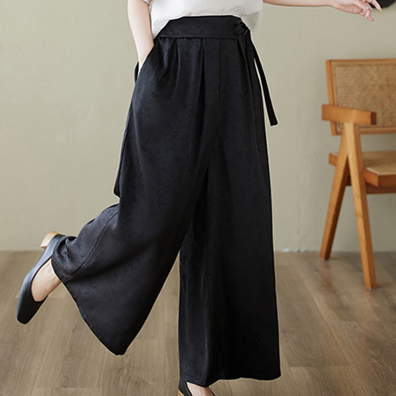 Buddha Stones Casual Jacquard Lace-up Cotton Women's Wide Leg Pants With Pockets - image 14