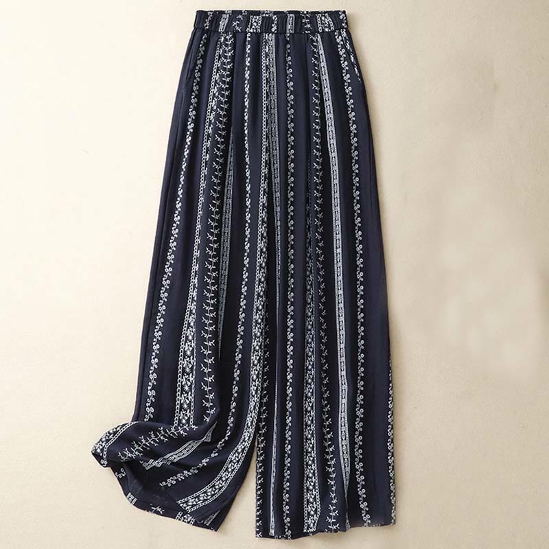 Buddha Stones Casual Vertical Printing Cotton Linen Women's Wide Leg Pants With Pockets - MidnightBlue - US8-10,UK/AU12-14,EU40-42 (2XL) - image 1