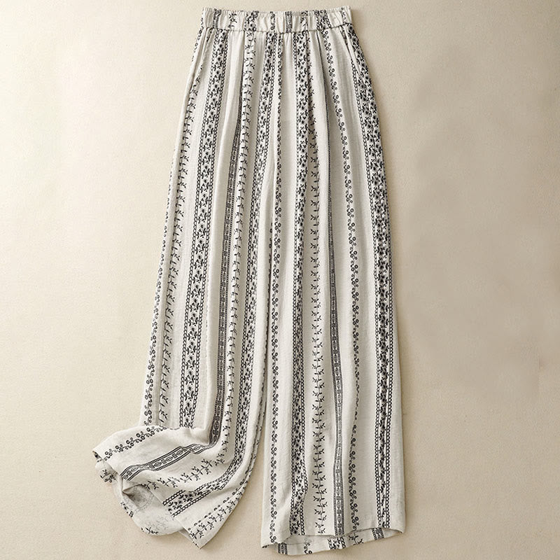 Buddha Stones Casual Vertical Printing Cotton Linen Women's Wide Leg Pants With Pockets - Beige - US8-10,UK/AU12-14,EU40-42 (2XL) - image 6