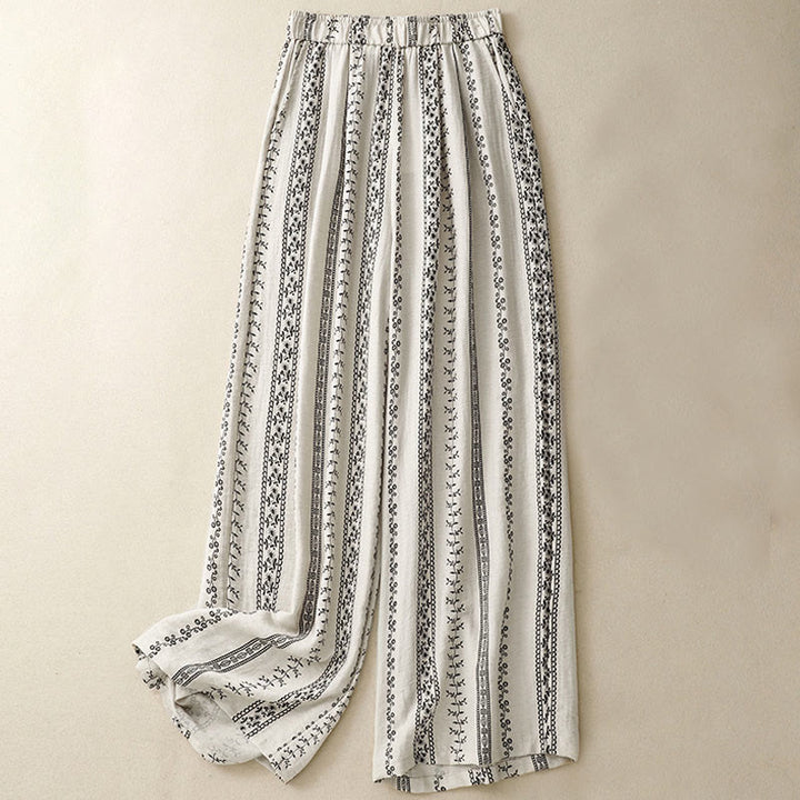 Buddha Stones Casual Vertical Printing Cotton Linen Women's Wide Leg Pants With Pockets - Beige - US8-10,UK/AU12-14,EU40-42 (2XL) - image 6