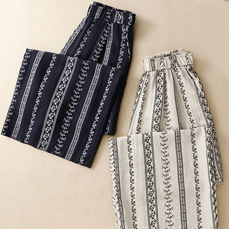 Buddha Stones Casual Vertical Printing Cotton Linen Women's Wide Leg Pants With Pockets - image 16