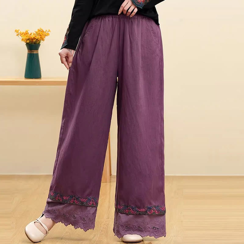 Buddha Stones Casual Embroidered Lace Cotton Linen Women's Wide Leg Pants With Pockets - Purple - US14,UK/AU18,EU46 (4XL) - image 1
