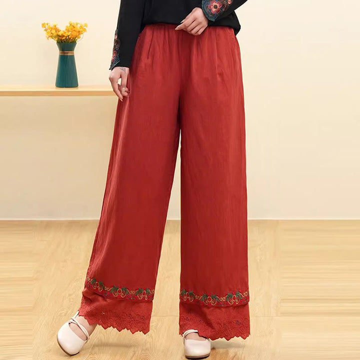 Buddha Stones Casual Embroidered Lace Cotton Linen Women's Wide Leg Pants With Pockets - FireBrick - US14,UK/AU18,EU46 (4XL) - image 2