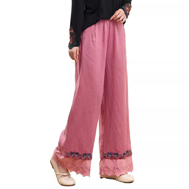 Buddha Stones Casual Embroidered Lace Cotton Linen Women's Wide Leg Pants With Pockets - image 7