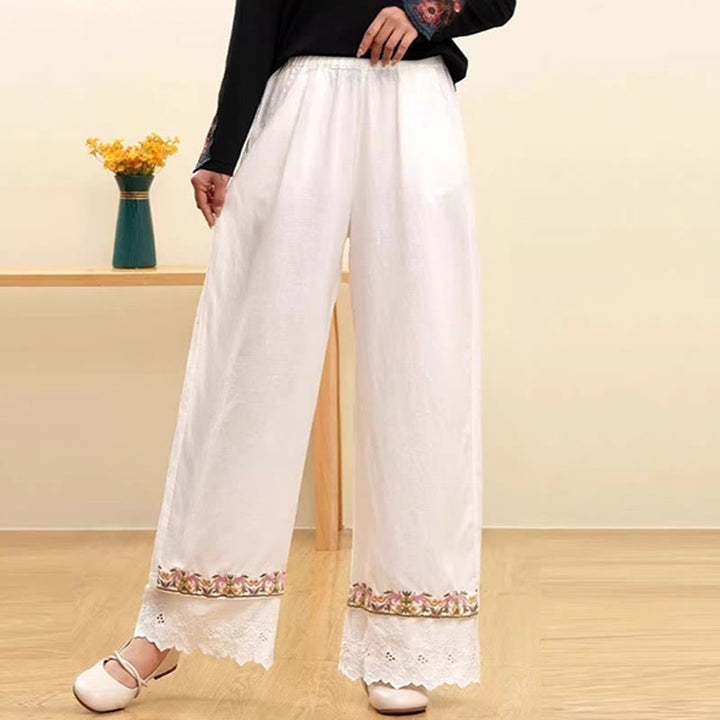 Buddha Stones Casual Embroidered Lace Cotton Linen Women's Wide Leg Pants With Pockets - White - US14,UK/AU18,EU46 (4XL) - image 3