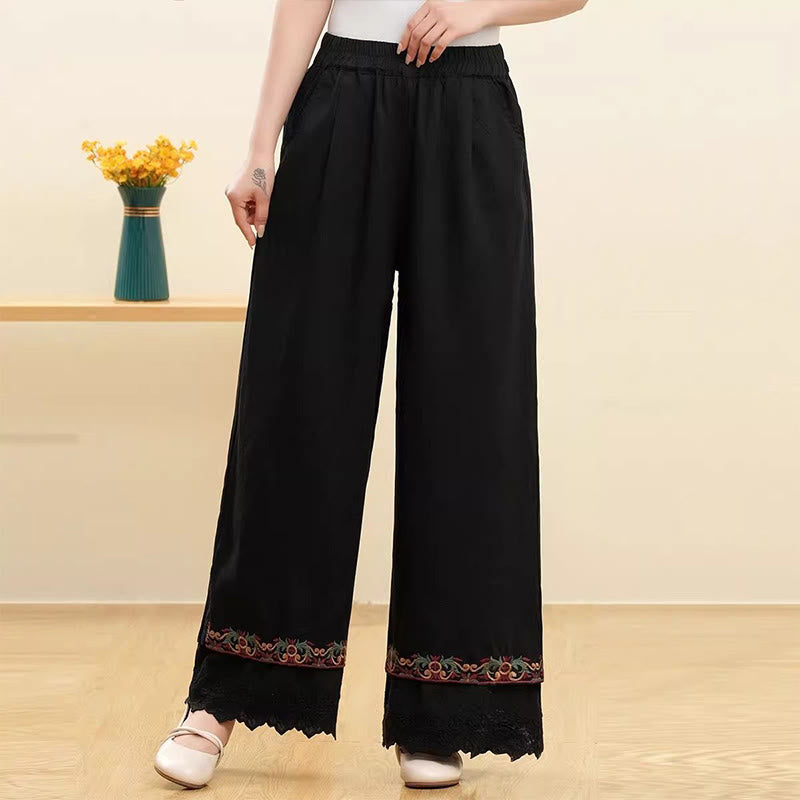 Buddha Stones Casual Embroidered Lace Cotton Linen Women's Wide Leg Pants With Pockets - Black - US14,UK/AU18,EU46 (4XL) - image 5