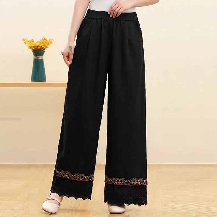 Buddha Stones Casual Embroidered Lace Cotton Linen Women's Wide Leg Pants With Pockets - Black - US14,UK/AU18,EU46 (4XL) - image 5