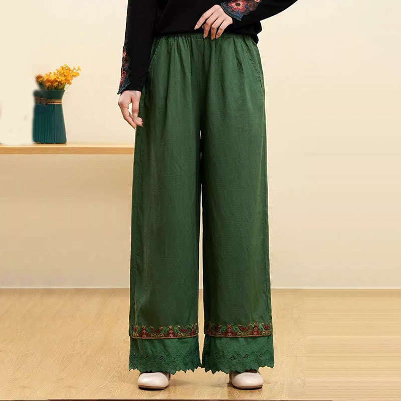 Buddha Stones Casual Embroidered Lace Cotton Linen Women's Wide Leg Pants With Pockets - Green - US14,UK/AU18,EU46 (4XL) - image 4