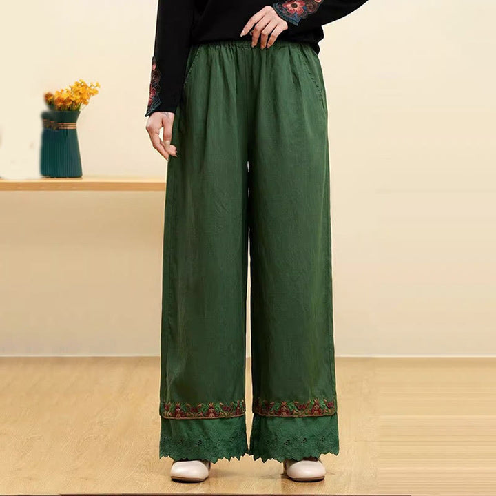 Buddha Stones Casual Embroidered Lace Cotton Linen Women's Wide Leg Pants With Pockets - Green - US14,UK/AU18,EU46 (4XL) - image 4