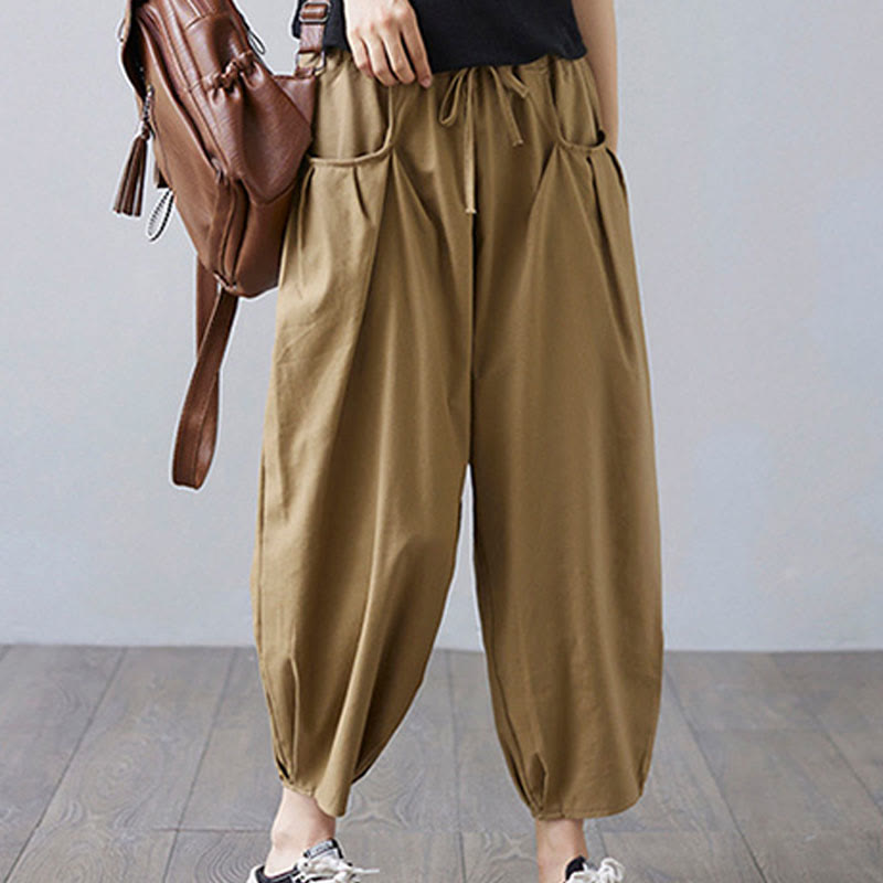 Buddha Stones Summer Plain Cropped Pants Women's Cotton Linen Harem Pants With Pockets - image 2