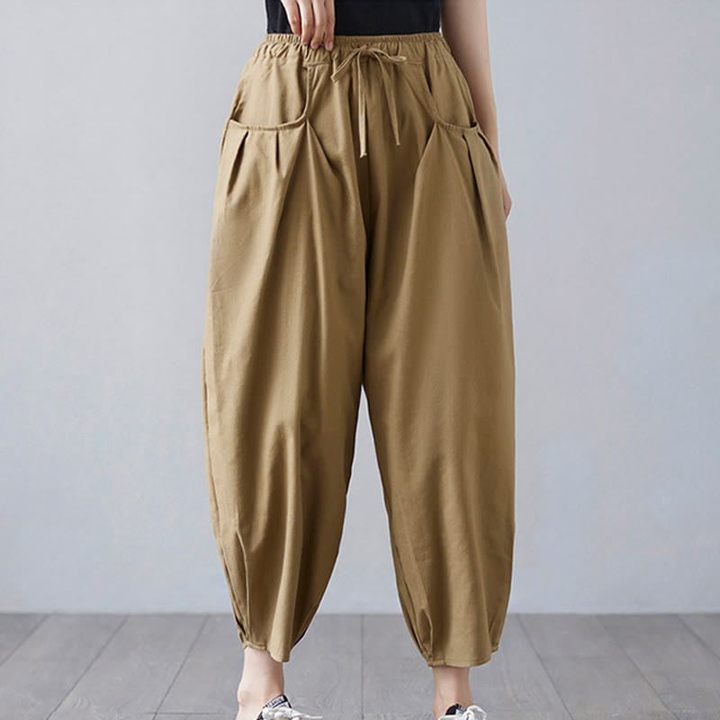 Buddha Stones Summer Plain Cropped Pants Women's Cotton Linen Harem Pants With Pockets - image 3