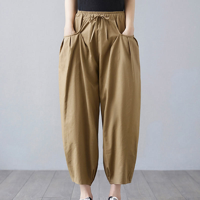 Buddha Stones Summer Plain Cropped Pants Women's Cotton Linen Harem Pants With Pockets - DarkKhaki - US12,UK/AU16,EU44 (3XL) - image 1