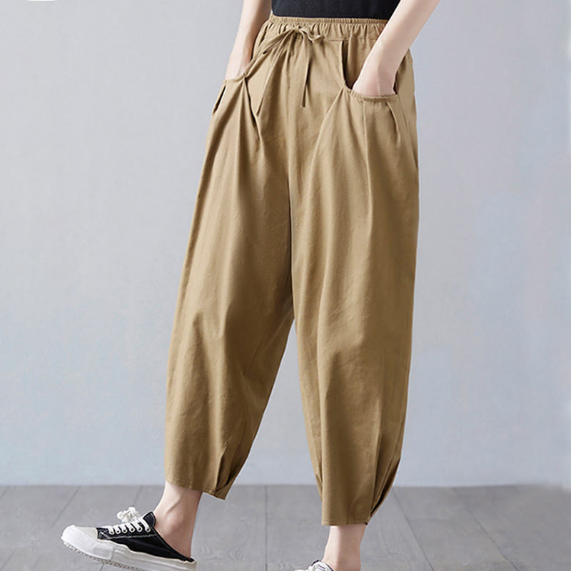 Buddha Stones Summer Plain Cropped Pants Women's Cotton Linen Harem Pants With Pockets - image 4