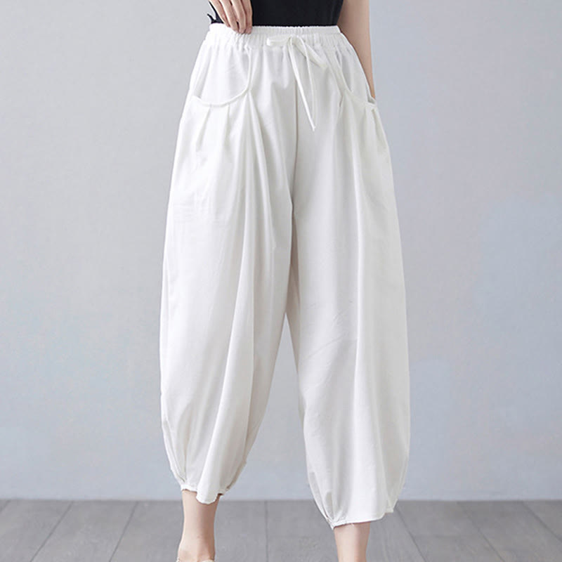 Buddha Stones Summer Plain Cropped Pants Women's Cotton Linen Harem Pants With Pockets - image 11