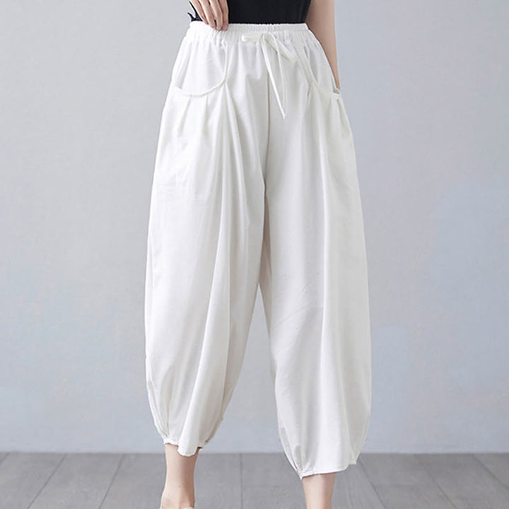 Buddha Stones Summer Plain Cropped Pants Women's Cotton Linen Harem Pants With Pockets - image 11