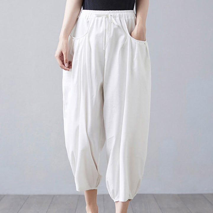 Buddha Stones Summer Plain Cropped Pants Women's Cotton Linen Harem Pants With Pockets - image 9