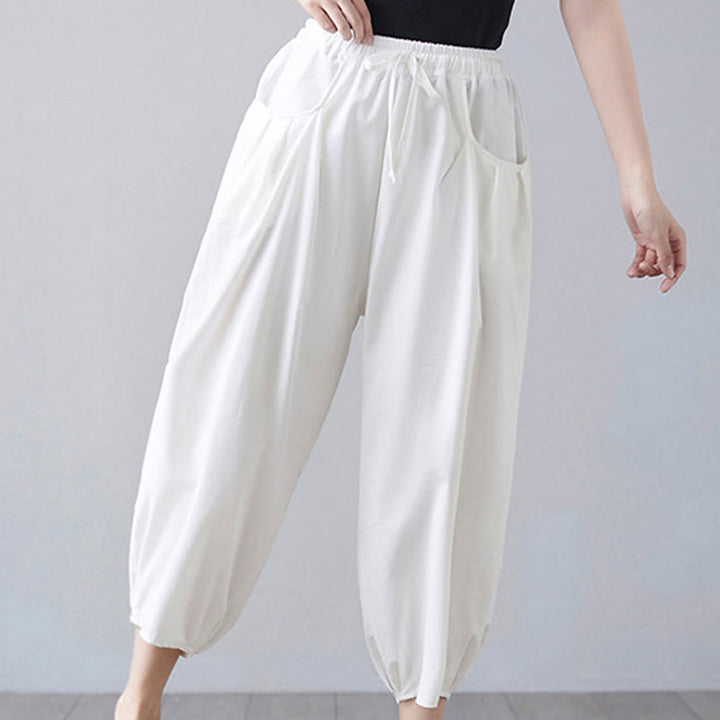 Buddha Stones Summer Plain Cropped Pants Women's Cotton Linen Harem Pants With Pockets - image 10