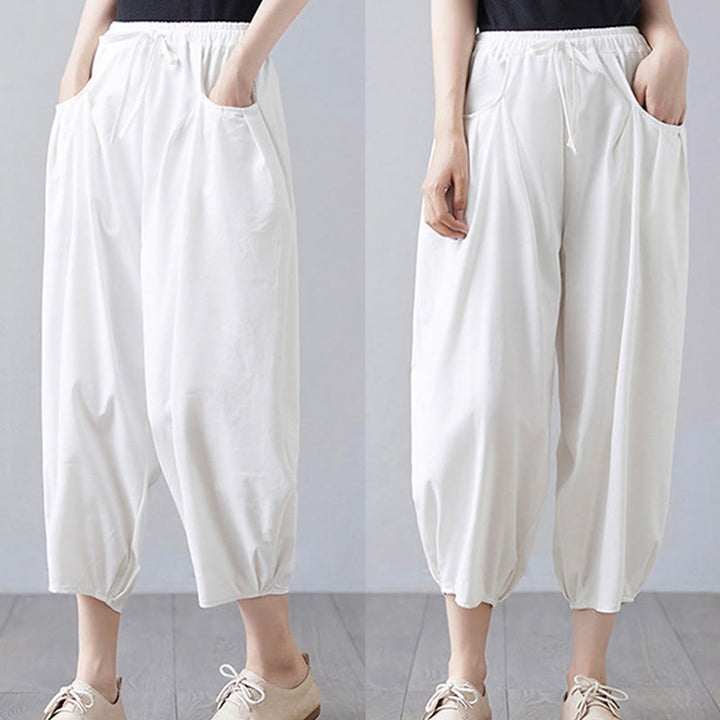 Buddha Stones Summer Plain Cropped Pants Women's Cotton Linen Harem Pants With Pockets - image 13