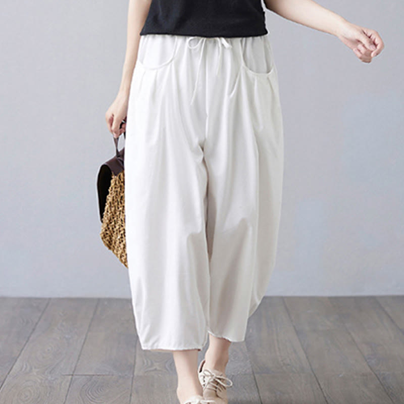 Buddha Stones Summer Plain Cropped Pants Women's Cotton Linen Harem Pants With Pockets - image 12