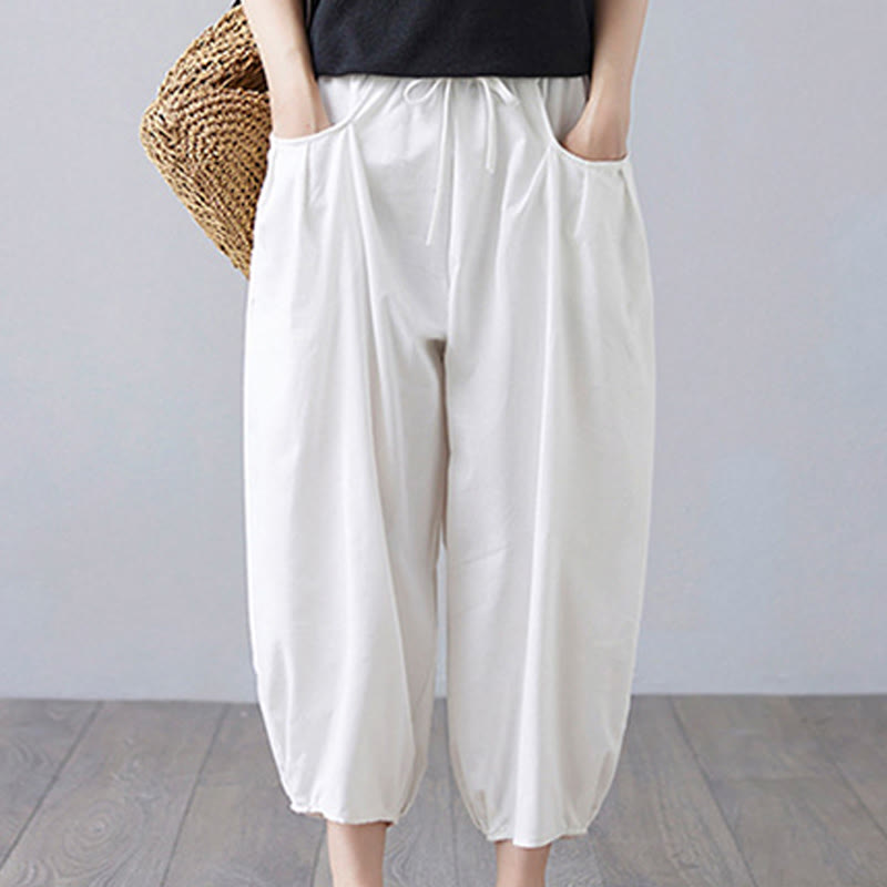 Buddha Stones Summer Plain Cropped Pants Women's Cotton Linen Harem Pants With Pockets - White - US12,UK/AU16,EU44 (3XL) - image 7