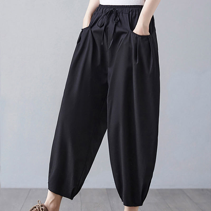 Buddha Stones Summer Plain Cropped Pants Women's Cotton Linen Harem Pants With Pockets - image 16
