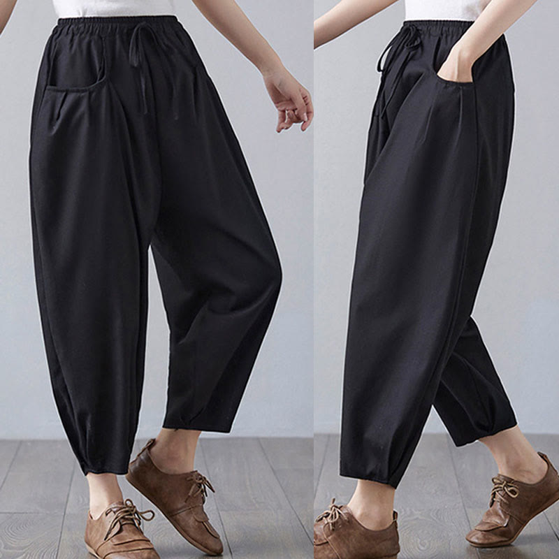 Buddha Stones Summer Plain Cropped Pants Women's Cotton Linen Harem Pants With Pockets - image 20