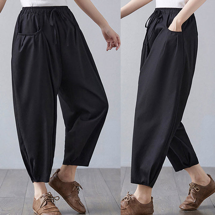 Buddha Stones Summer Plain Cropped Pants Women's Cotton Linen Harem Pants With Pockets - image 20