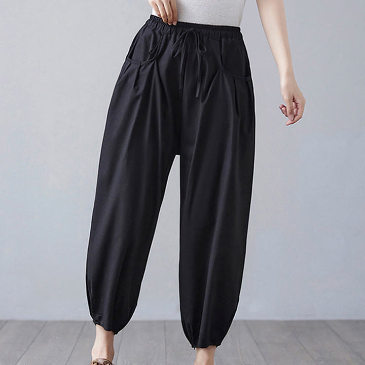 Buddha Stones Summer Plain Cropped Pants Women's Cotton Linen Harem Pants With Pockets - image 18