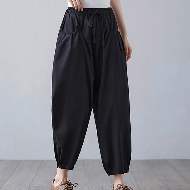 Buddha Stones Summer Plain Cropped Pants Women's Cotton Linen Harem Pants With Pockets - image 15