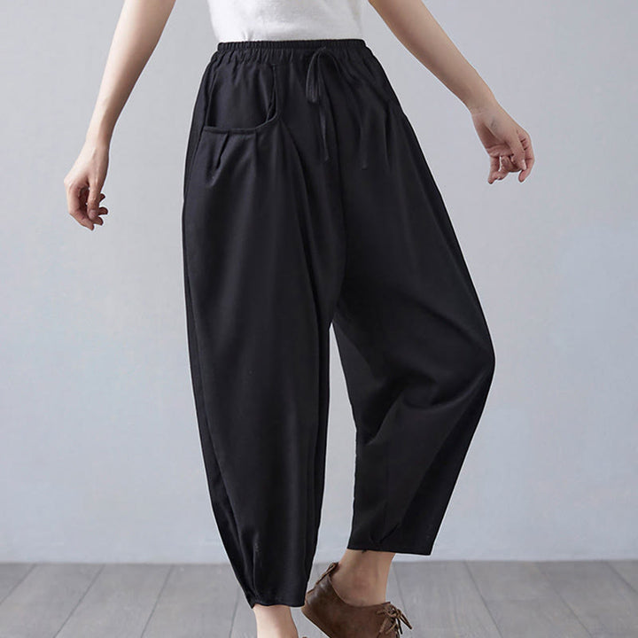 Buddha Stones Summer Plain Cropped Pants Women's Cotton Linen Harem Pants With Pockets - image 19