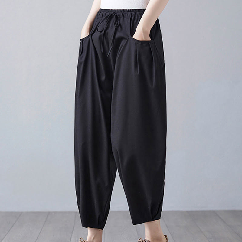Buddha Stones Summer Plain Cropped Pants Women's Cotton Linen Harem Pants With Pockets - image 17