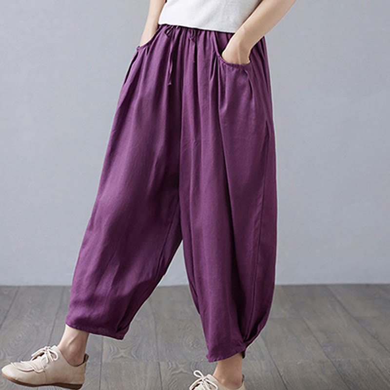Buddha Stones Summer Plain Cropped Pants Women's Cotton Linen Harem Pants With Pockets - image 23