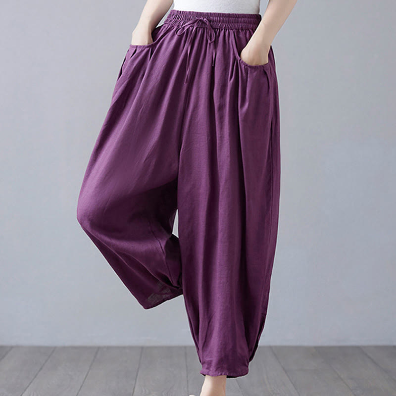 Buddha Stones Summer Plain Cropped Pants Women's Cotton Linen Harem Pants With Pockets - image 26