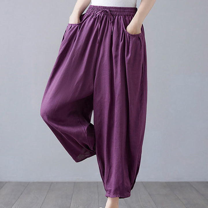 Buddha Stones Summer Plain Cropped Pants Women's Cotton Linen Harem Pants With Pockets - image 26